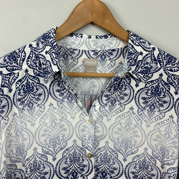 Chicos Faded Medallion Mixed-Print Shirt Sz 2/ 12-14 - Picture 7 of 14